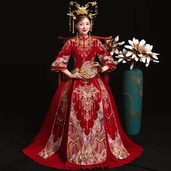 Банкетное Элегантное Свадебное платье Ципао в классическом китайском стиле, Традиционное Свадебное Длинное платье Чонсам