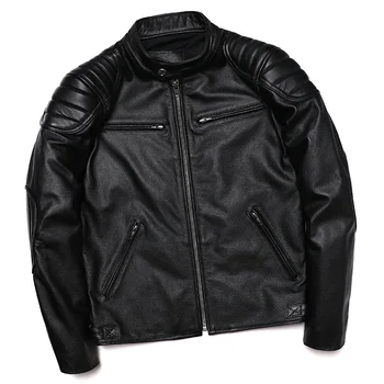 Бесплатная доставка 2023 Новая Черная Куртка из натуральной кожи, мужская мотоциклетная байкерская куртка из воловьей кожи, тонкая модная одежда для мужчин