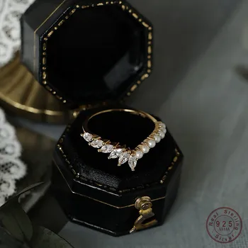 Изысканное кольцо в виде короны из стерлингового серебра 925 пробы с наполовину цирконием, наполовину Жемчугом, Винтажное кольцо для женщин, ювелирные аксессуары для вечеринок