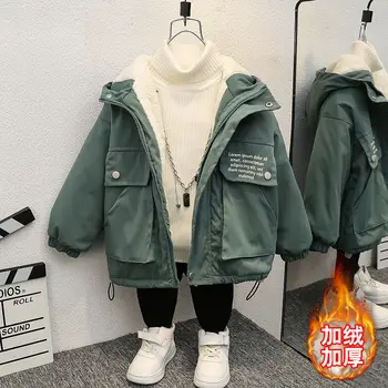 Утепленное пальто с бархатной подкладкой для мальчиков 2022, осенне-зимняя одежда, Новый Детский топ